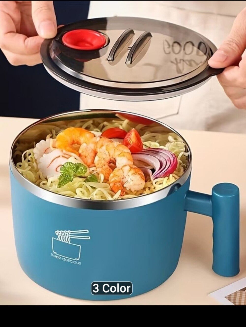 Blue Stainless Steel Noodle Bowl with Handle and Steam Vent